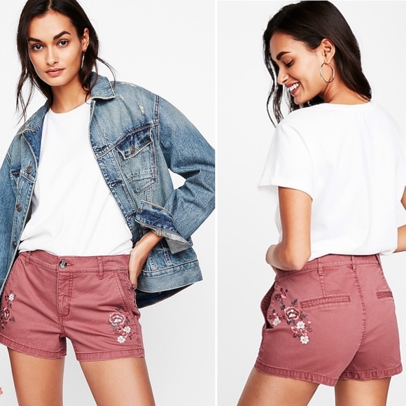 Express Mid Rise Floral Embroidered Twill Shorts 4 - Picture 6 of 8